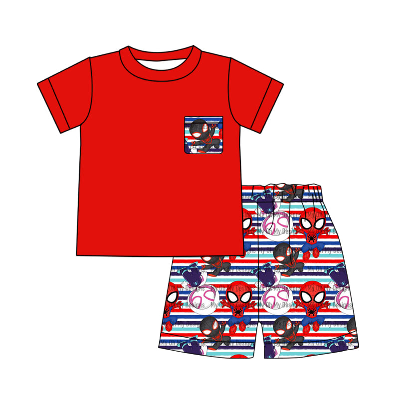 Baby boy cartoon pocket red shorts summer sets