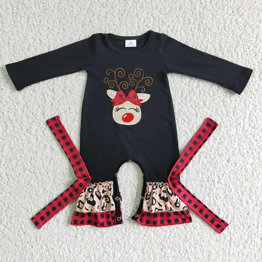 Baby Girls Christmas reindeer embroidery black rompers