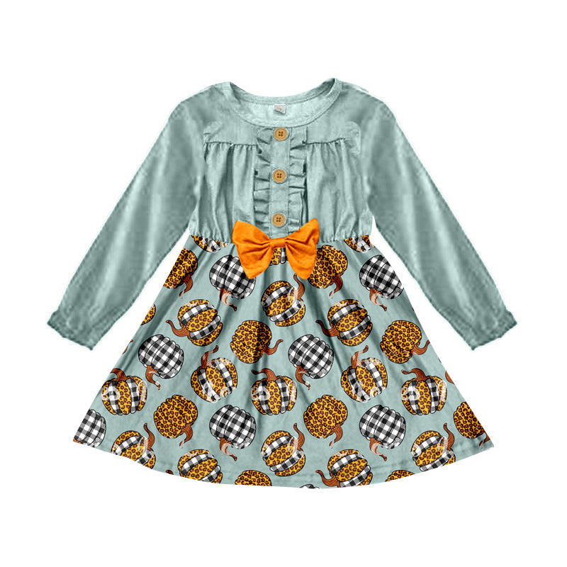 Baby girls fall pumpkin bow long sleeve dresses