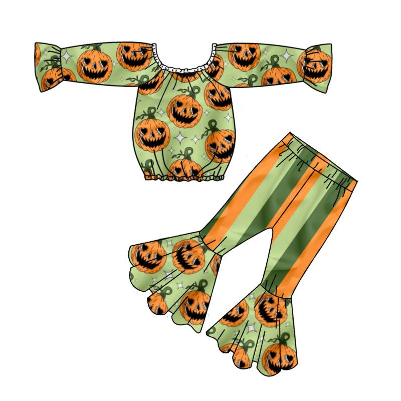 Baby girls fall pumpkin halloween off shoulder top bell pants sets