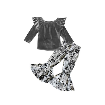 Baby girls grey velvet top denim bell pants clothes sets