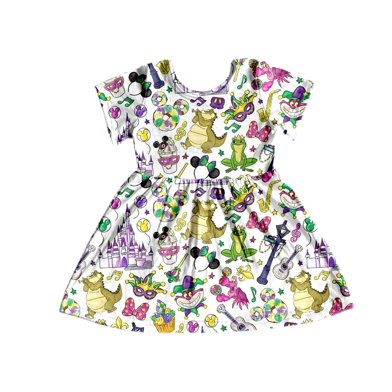 Baby Girls Mardi Gras Knee Length Short Sleeve Dresses