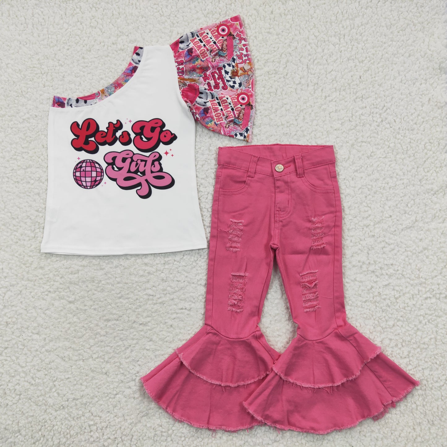 Baby Girls Let's Go Denim Pink Bell Pants Clothes Sets