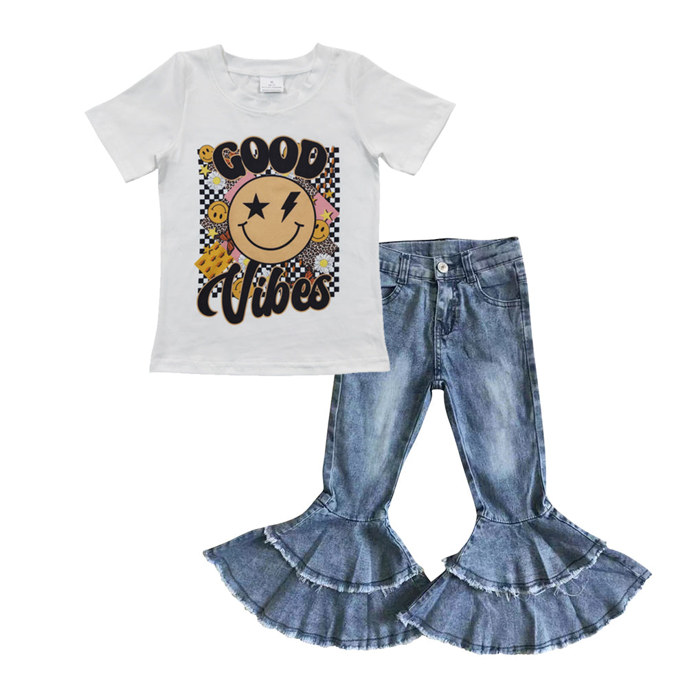 Baby Girls Good Shirt Bleached Denim Bell Pants Clothes Sets