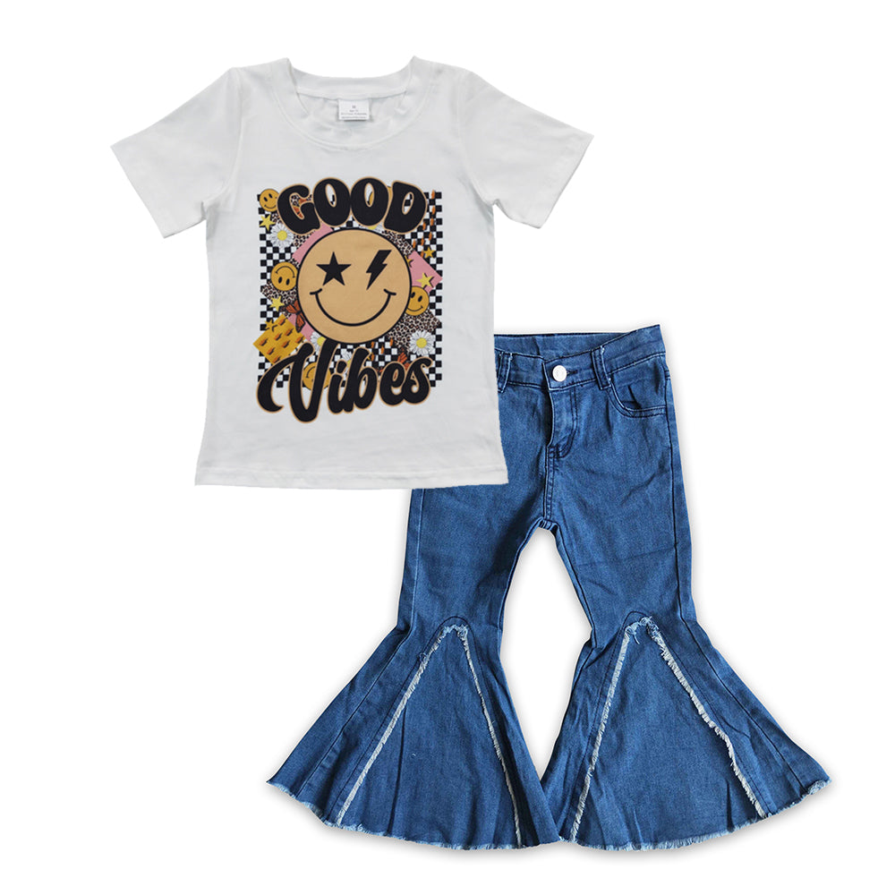 Baby Girls Good Shirt Navy Denim Bell Pants Clothes Sets