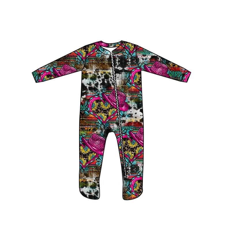Baby girls western hats zip footie rompers