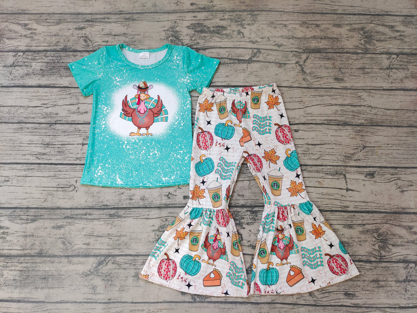baby girls thanksgiving blue turkey bell bottom pants sets