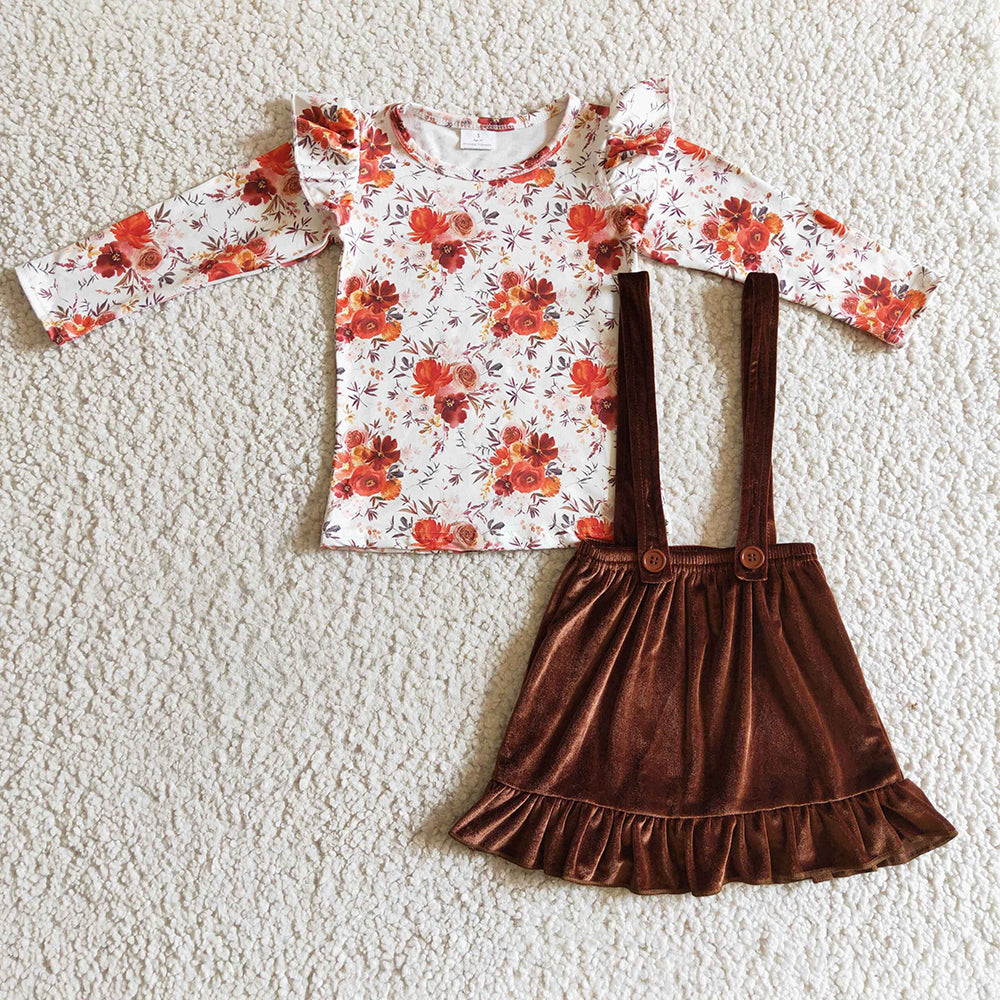 Baby Girls Fall Suspender Floral Velvet Skirt sets