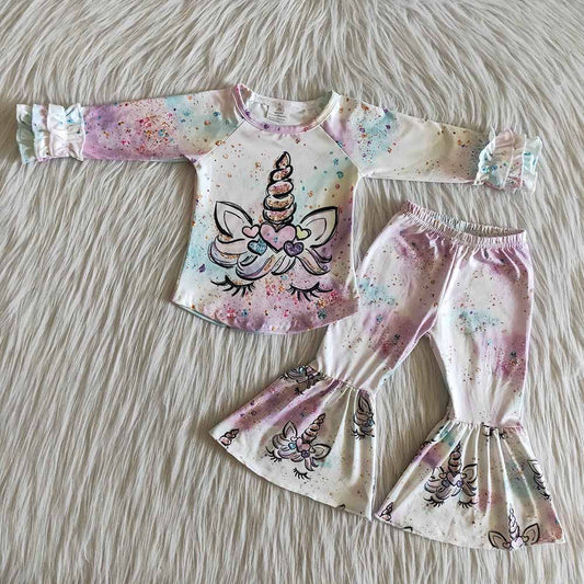 Baby Girls tie dye colorful dots unicorn bell pants clothes sets