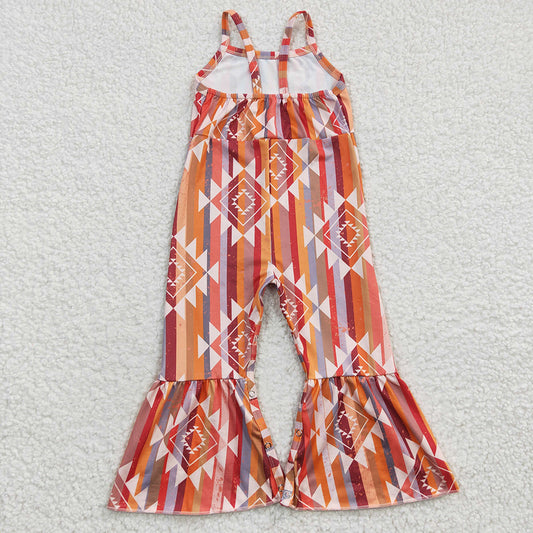 Baby Girls Orange Aztec Strap Bell Bottom Jumpsuits