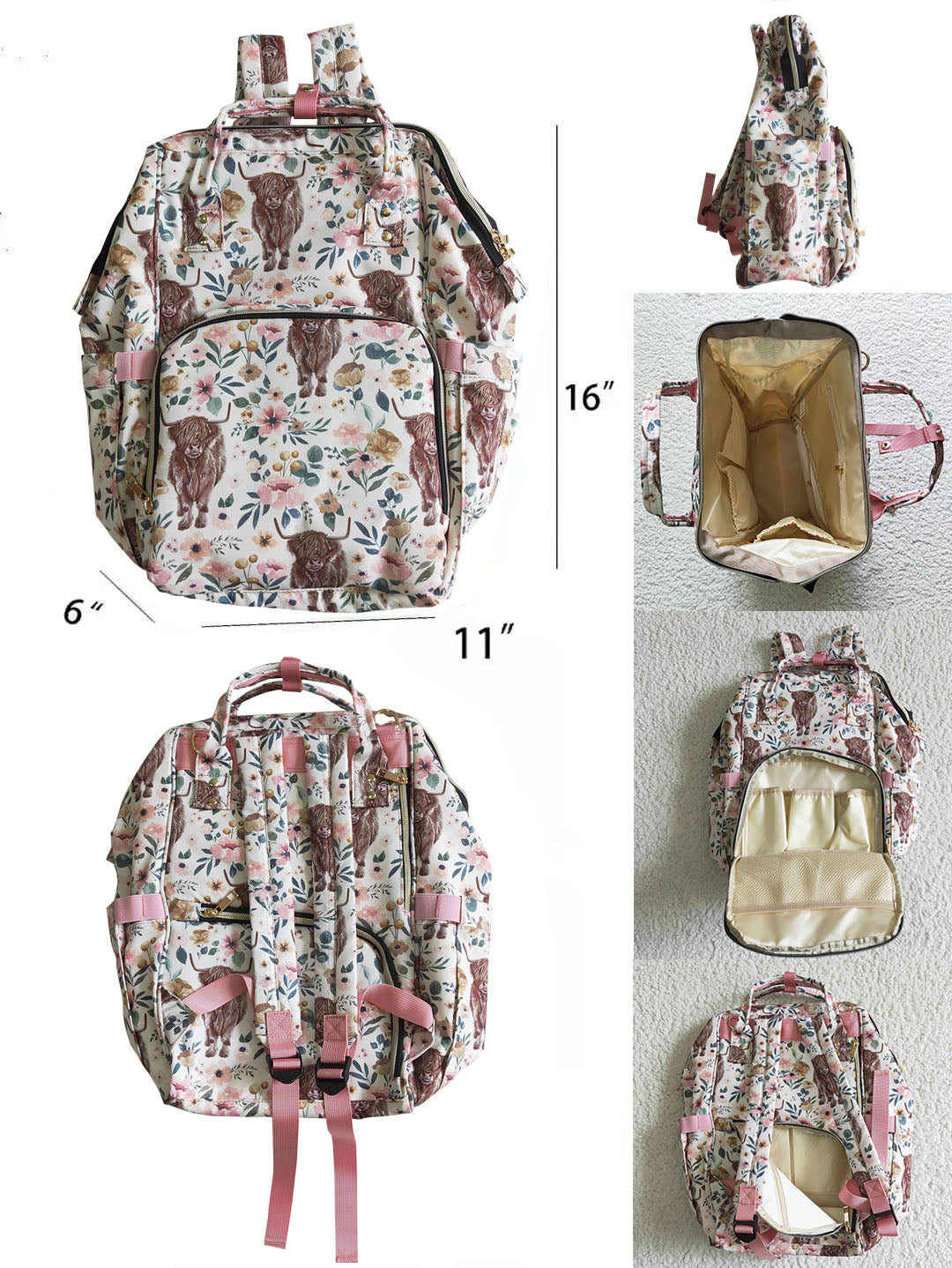 Boutique Cow Print Diaper Bag Pink Flower Best Backpack For Travel Good  Quality New Design Hot Selling Western Wholesale Best Price Diaper Bag