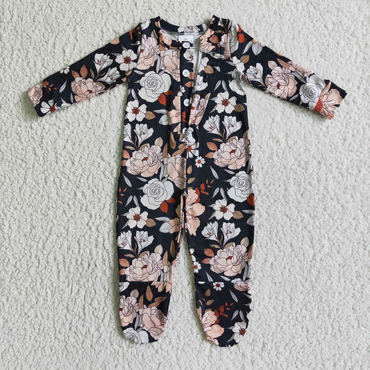 Baby girls black floral long sleeve buttons rompers