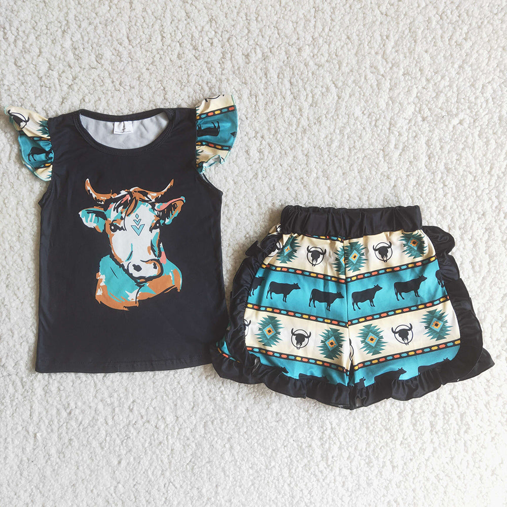 baby girls western cow top ruffle shorts sets