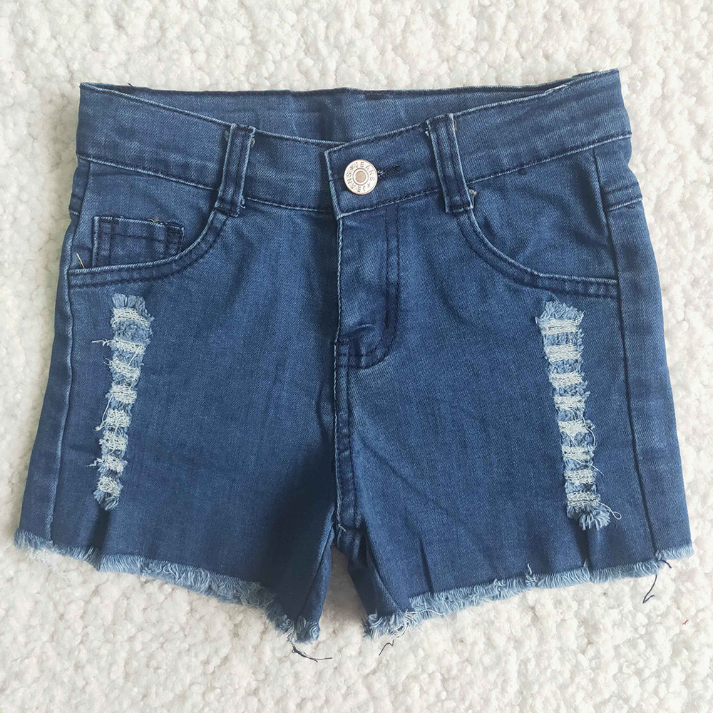 Baby Girls navy one distress denim shorts