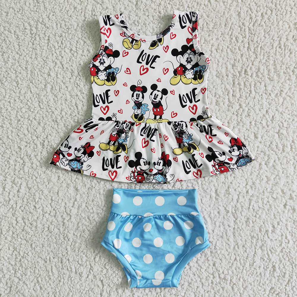 Baby girls summer blue dots cartoon bummie sets