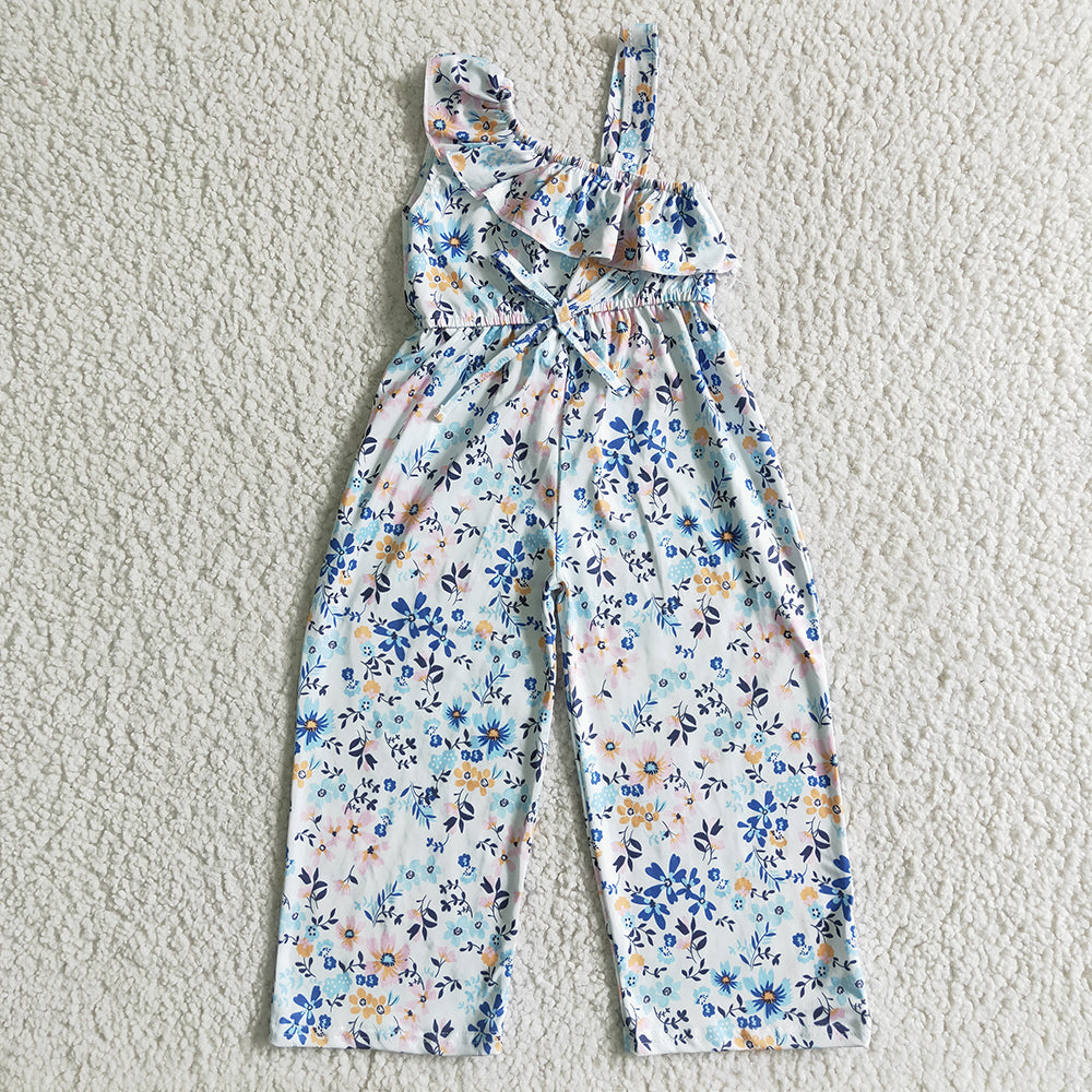Baby girls blue floral one shoulder long pants jumpsuits