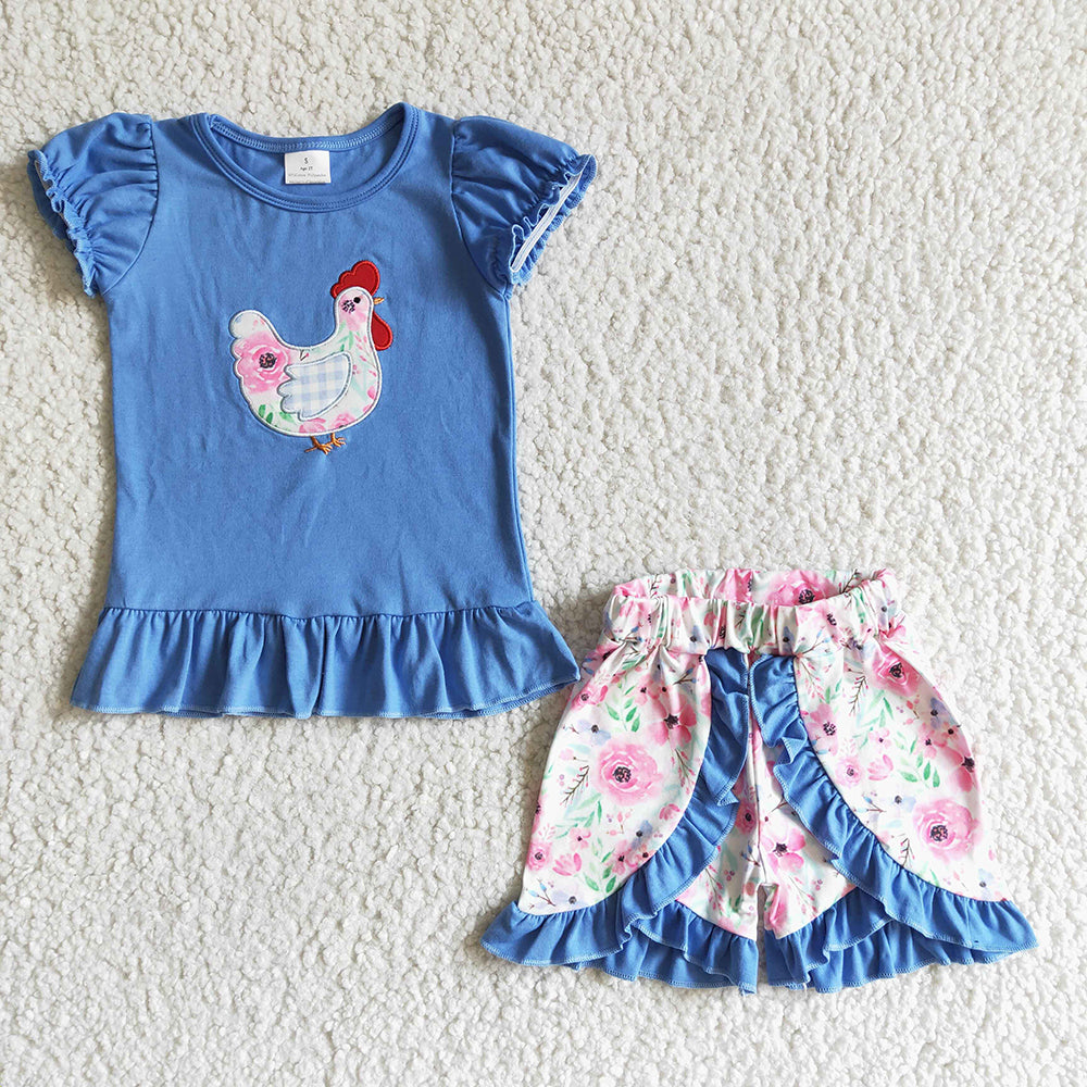 Baby girls farm chicken embroidered summer shorts sets