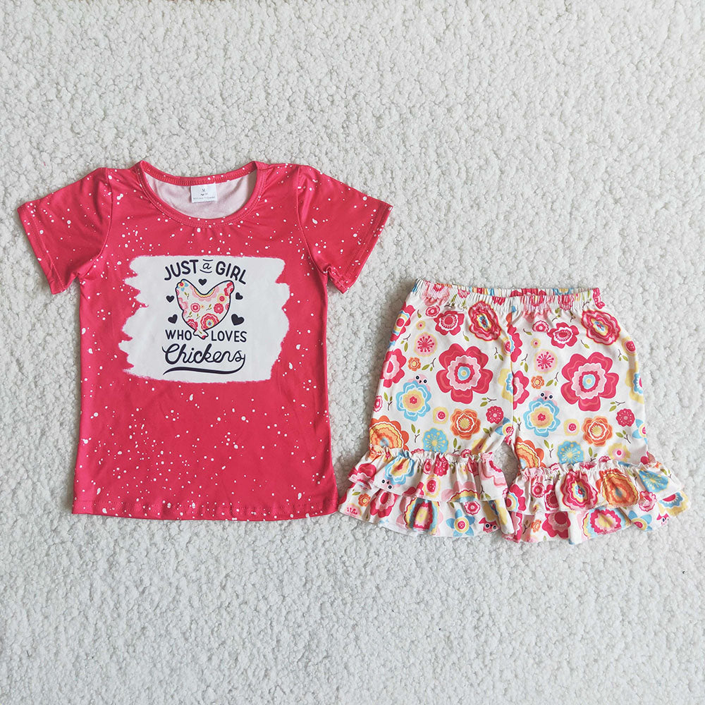 Red Chicken flower Shorts sets