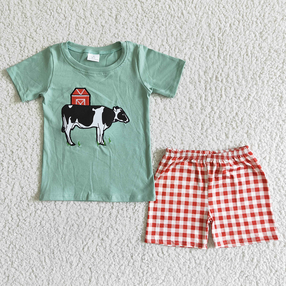 Baby boys summer farm cow shorts shorts sets(embroidered)