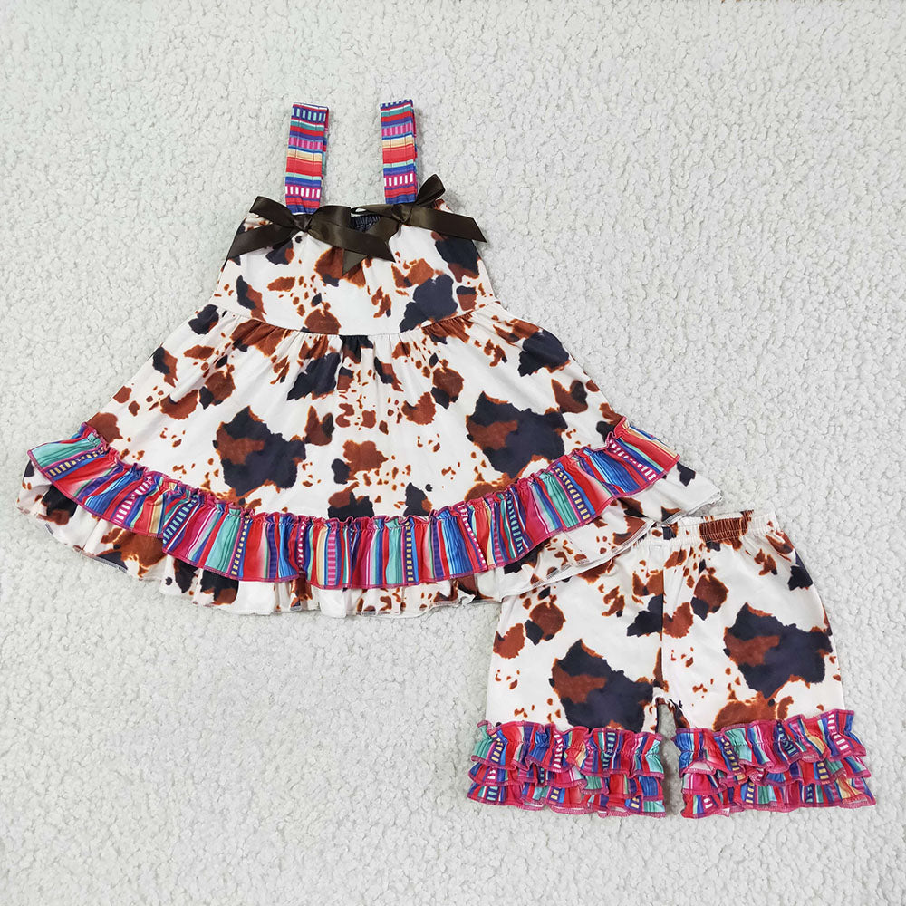 Baby girls cowhide bow stripe ruffle shorts summer sets