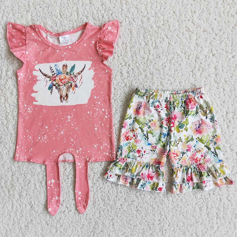 Pink flower Heifer exquisite ruffles Shorts sets
