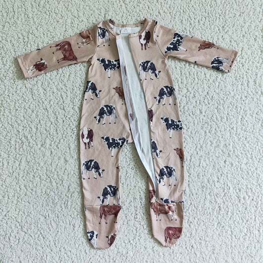 Baby kids long sleeve fall cow zip footie western rompers