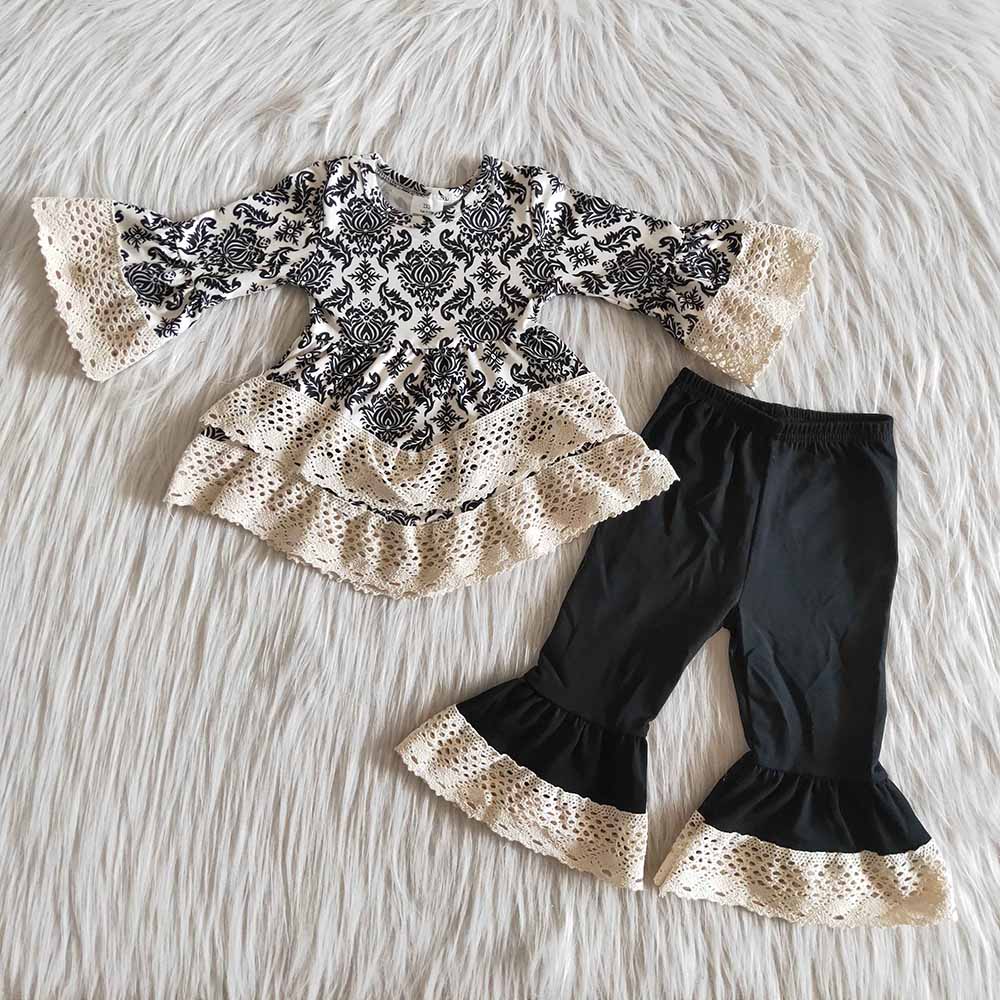 Baby Girls black Lace ruffle tunic damask pants clothes sets