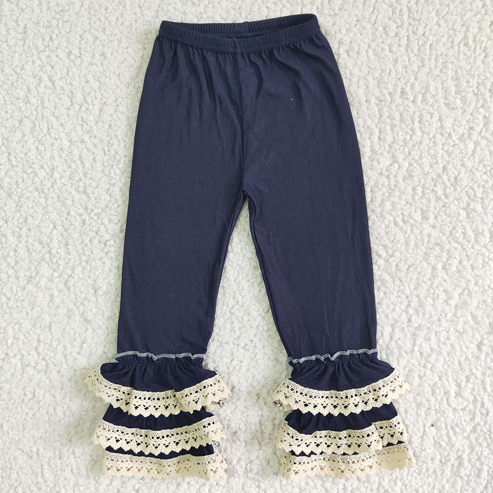 Baby Girls Soft Denim Lace Triple Ruffle Pants