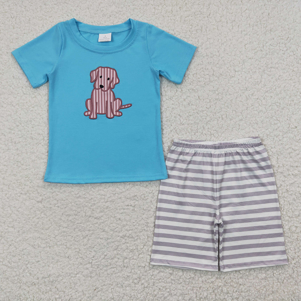 Embroidery Stripe Dog Baby Boys Shirt Shorts Clothes Sets