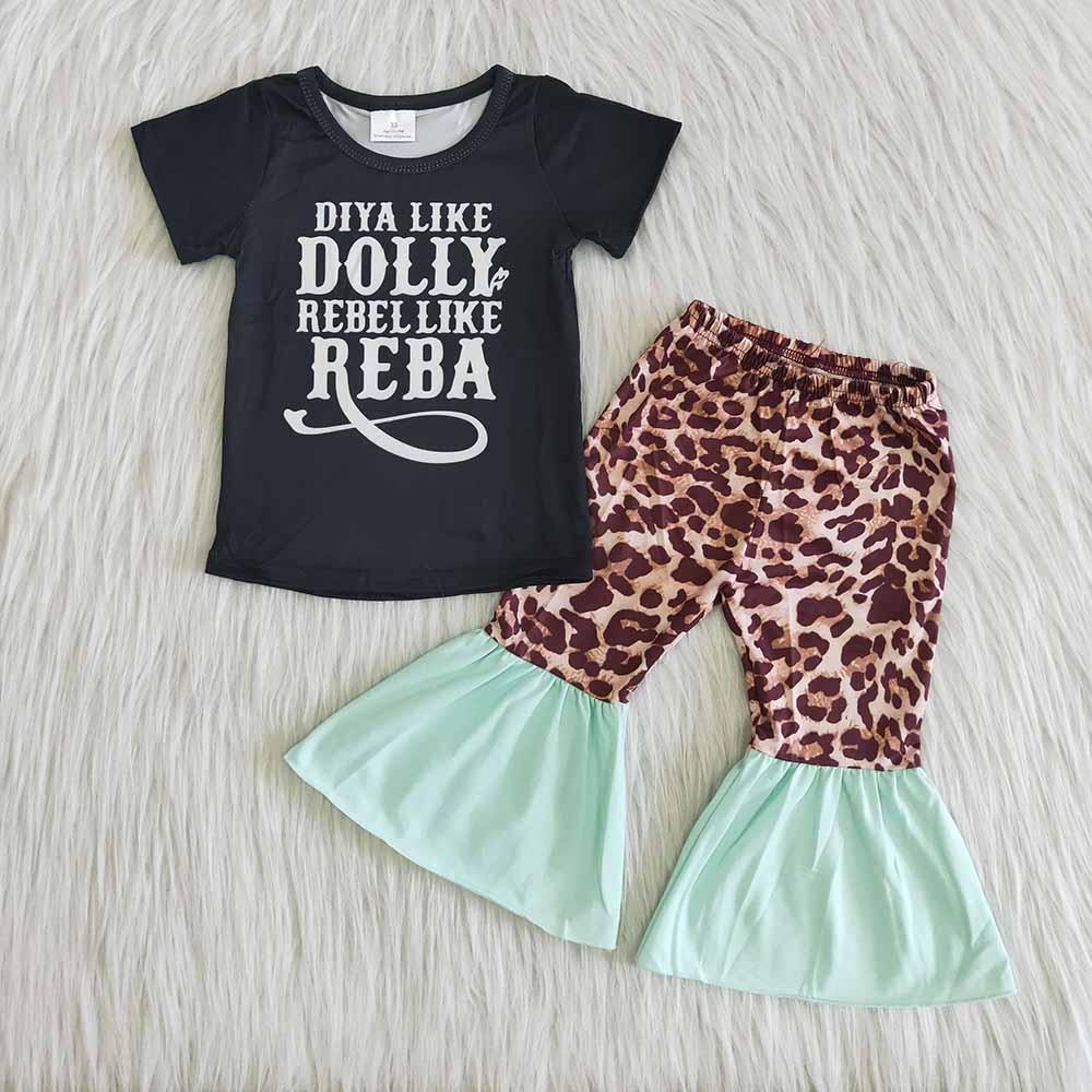 Black shirt top bell bottom leopard set