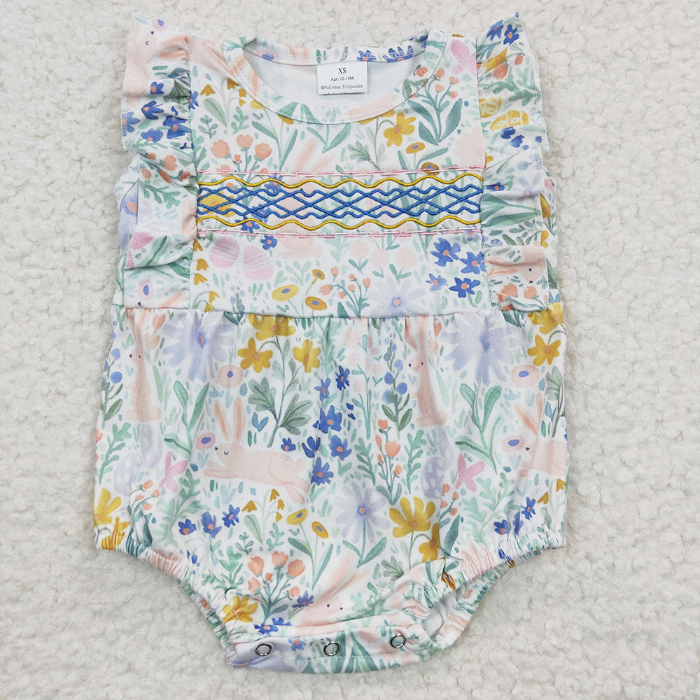 Baby Girls Embroidery Bows Floral Rabbits Easter Spring Ruffle Rompers