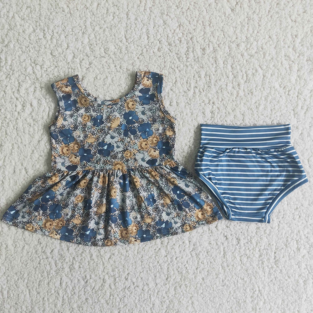 Blue T-shirt flower bummie set
