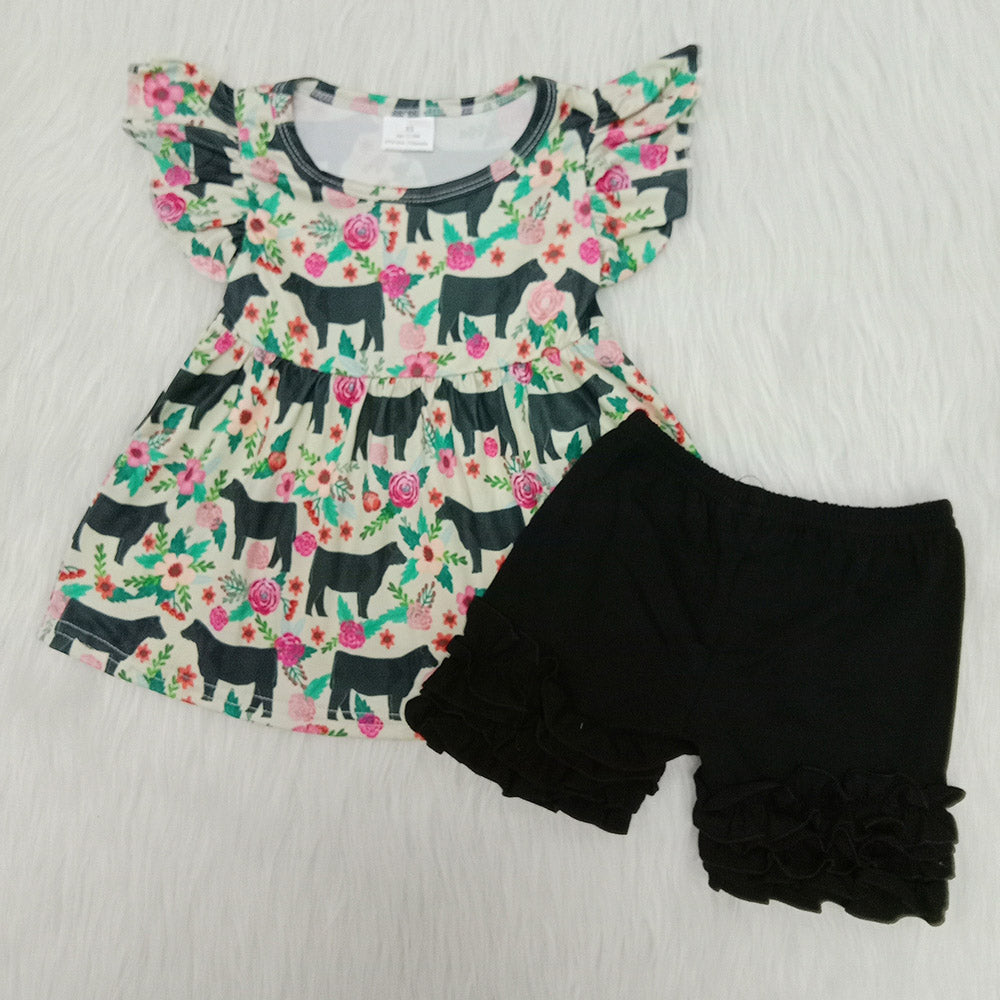 Floral cow ruffles shorts set