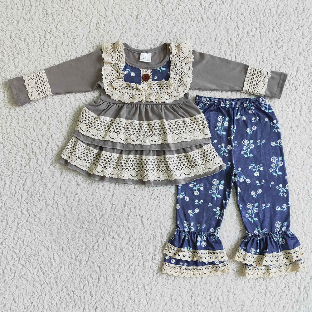 Baby Girls navy floral pants lace fall outfits clothes sets
