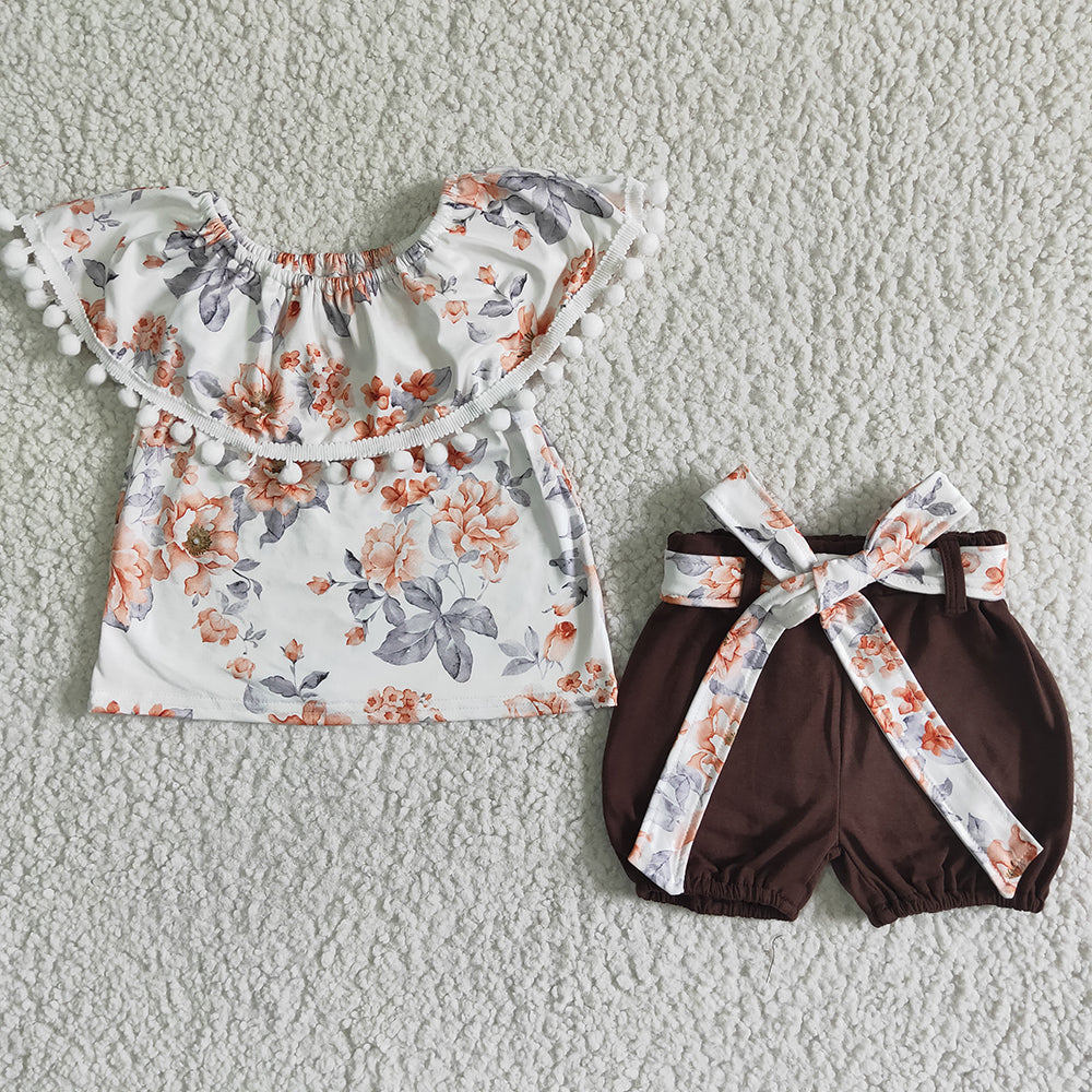 Baby girls floral brown shorts belt summer sets