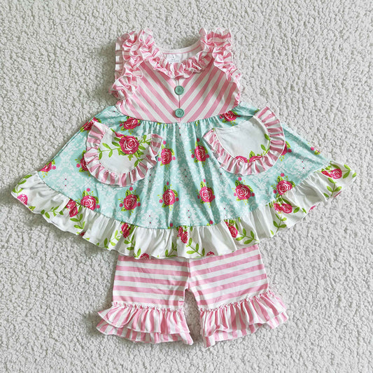 Children pink floral summer pocket shorts clothing sets