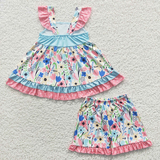 Baby Girls Summer Flowers Pearl Tunic Ruffle Shorts Clothes