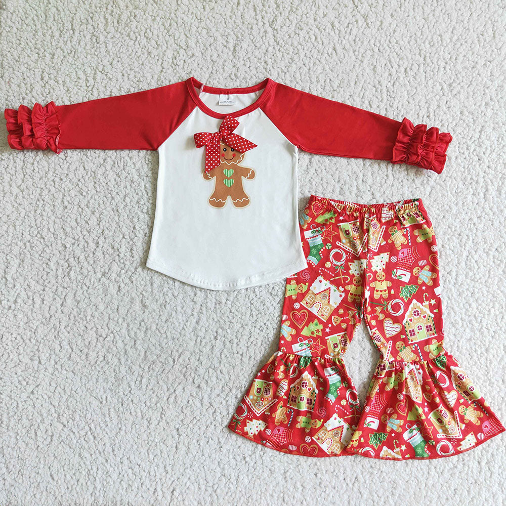 Gingerbread Baby girls Christmas red bell bottom pants sets