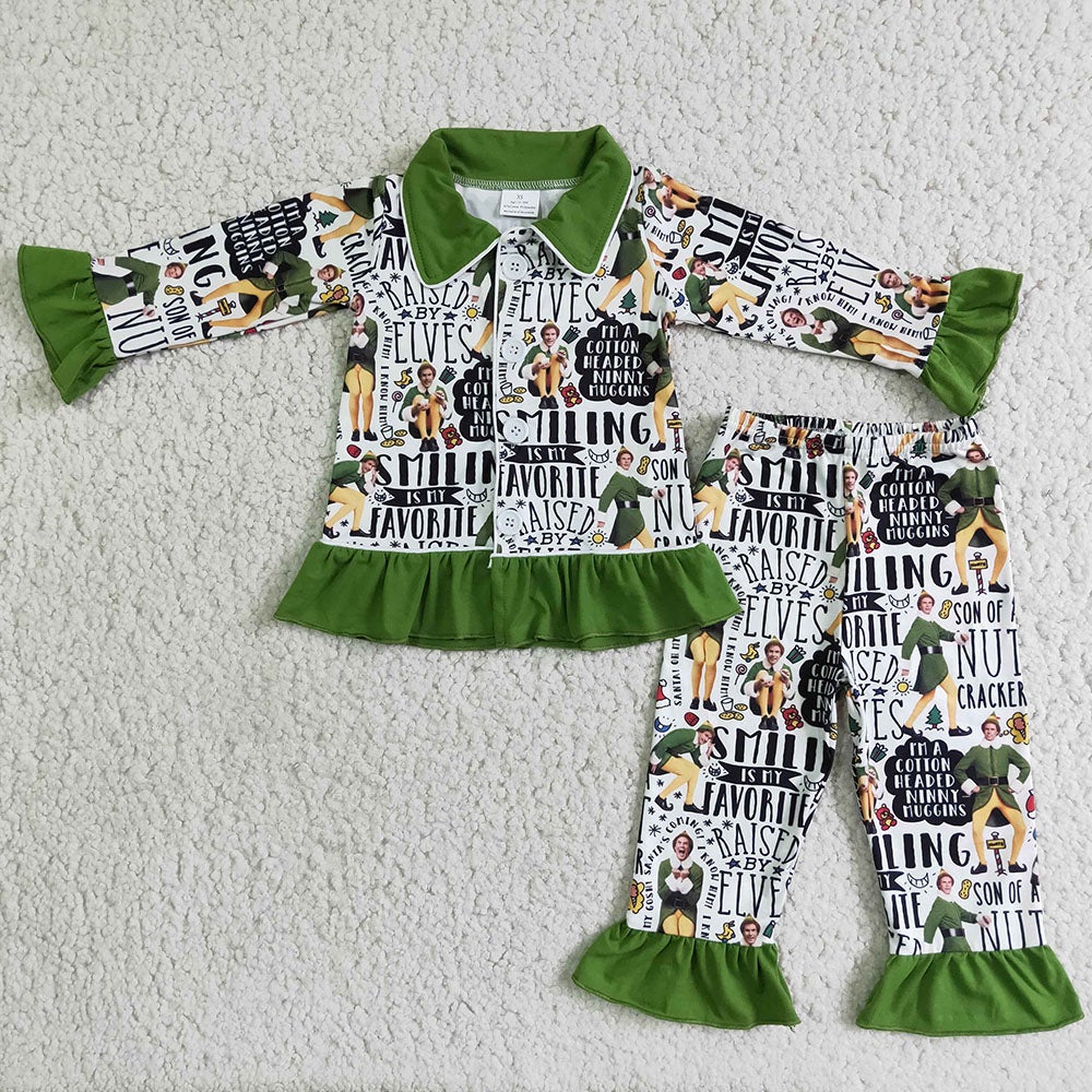 Girls Green Cartoon Pajamas Sleepwear Sets