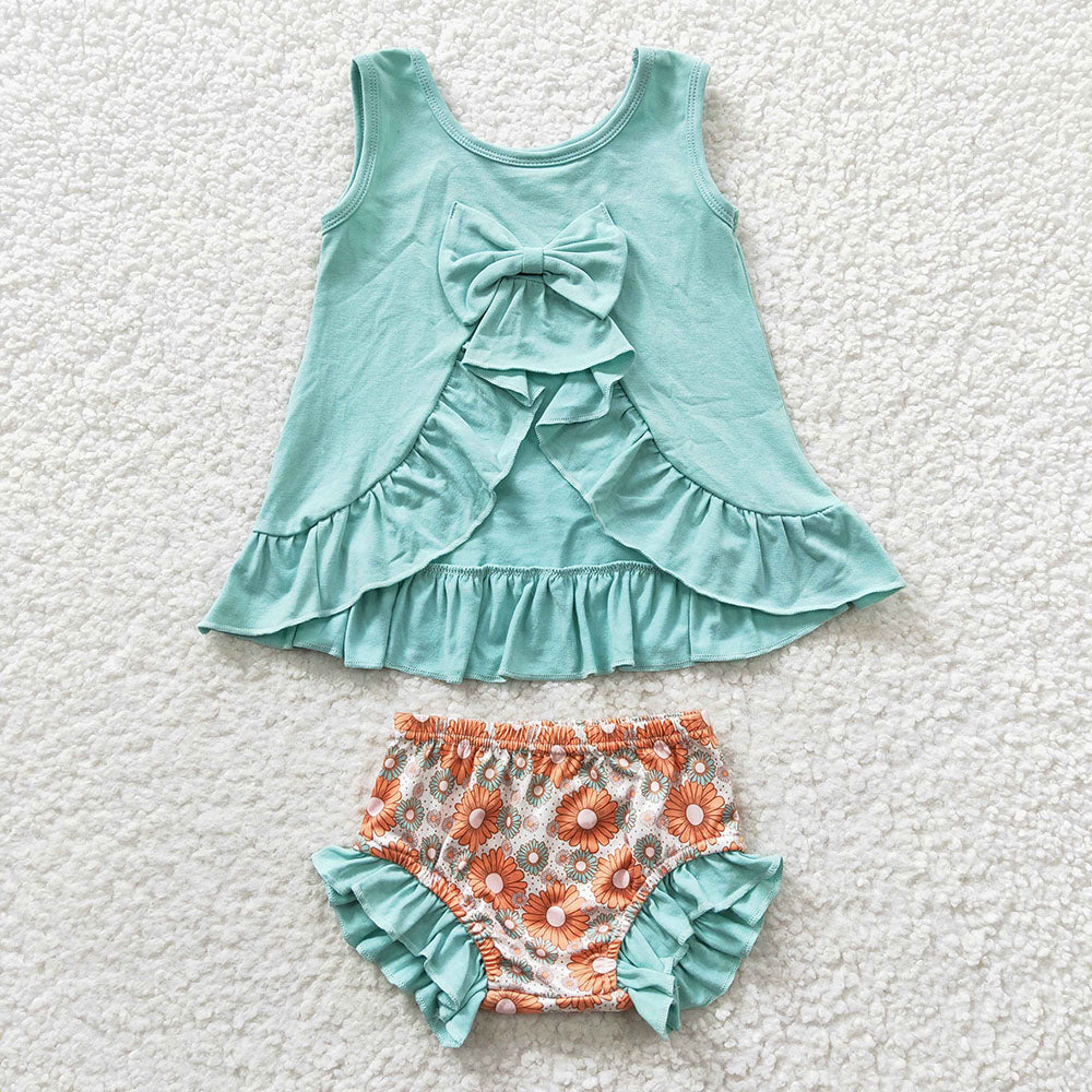Baby Girls Blue Bow Tunic Floral Bummie Sets