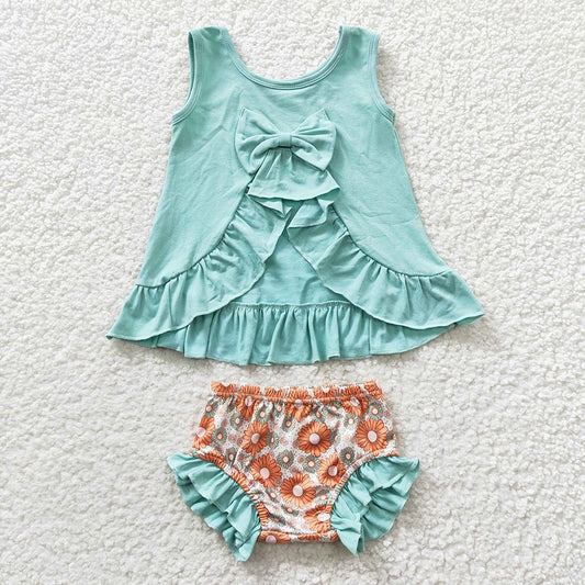 Baby Girls Blue Bow Tunic Floral Bummie Sets