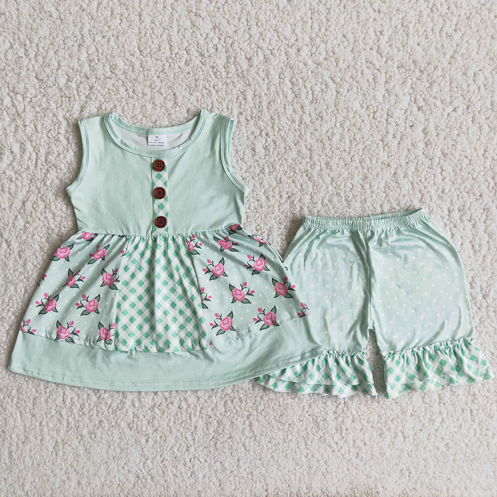 Pink green sleeveless tunic ruffle shorts sets