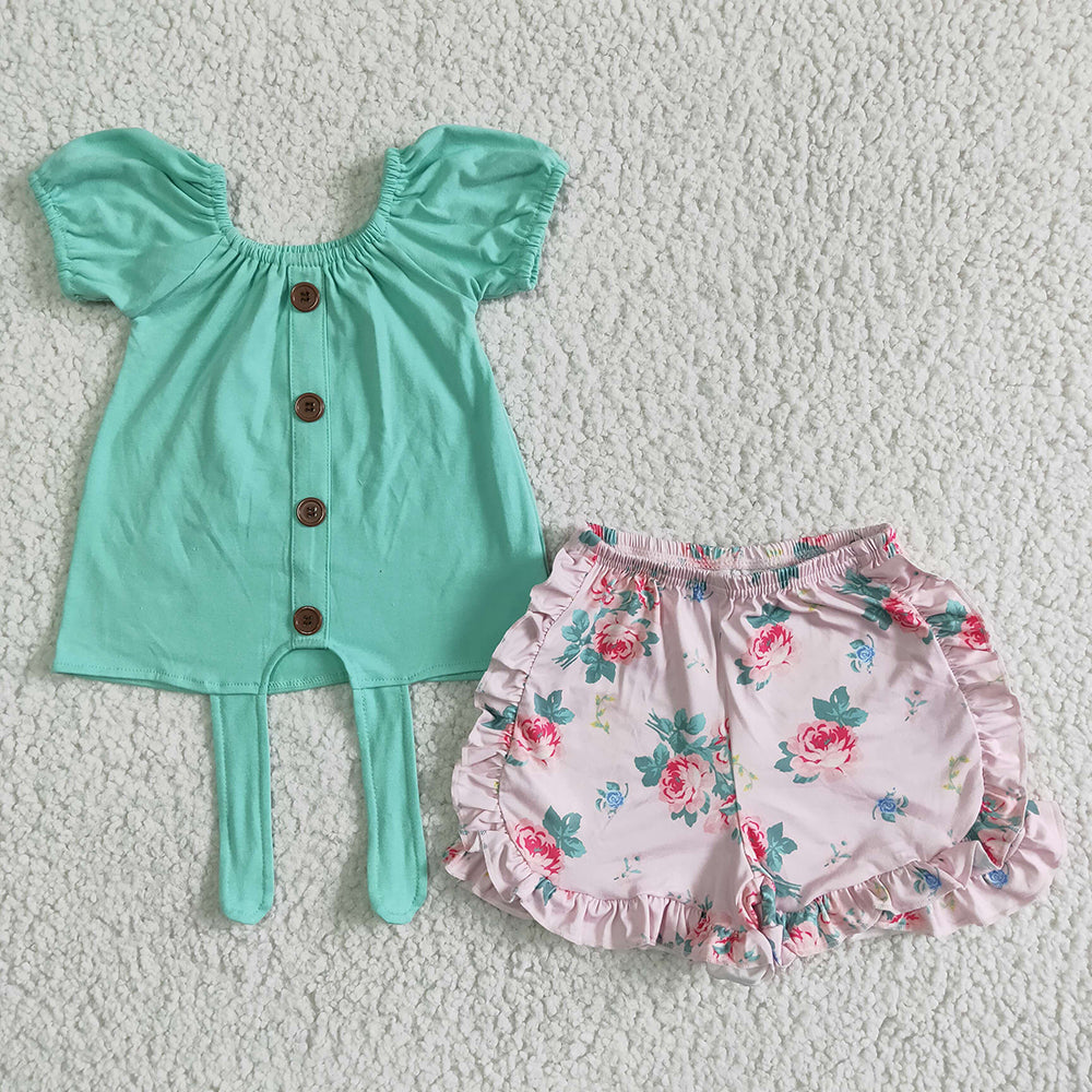 Baby girls green tie top floral ruffle shorts boutique outfits sets