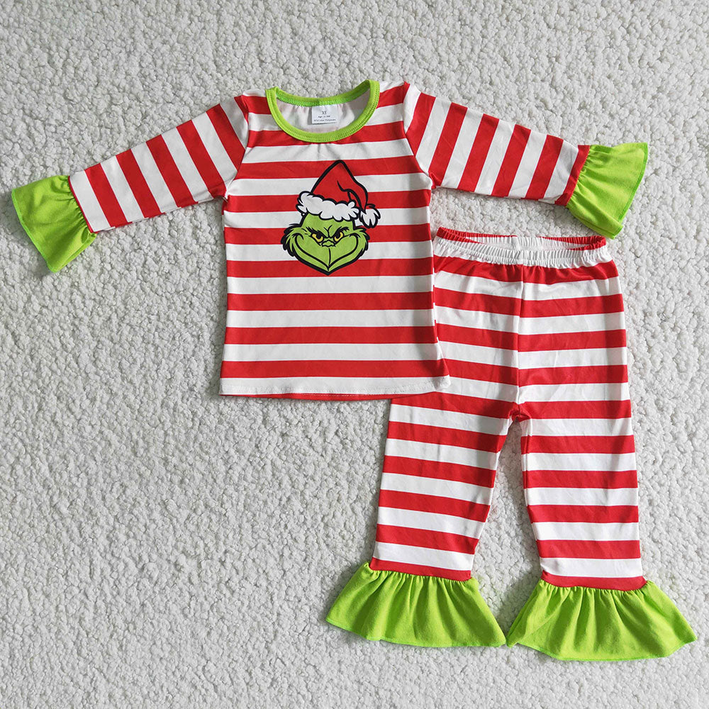 Girls Christmas stripe ruffle pajamas