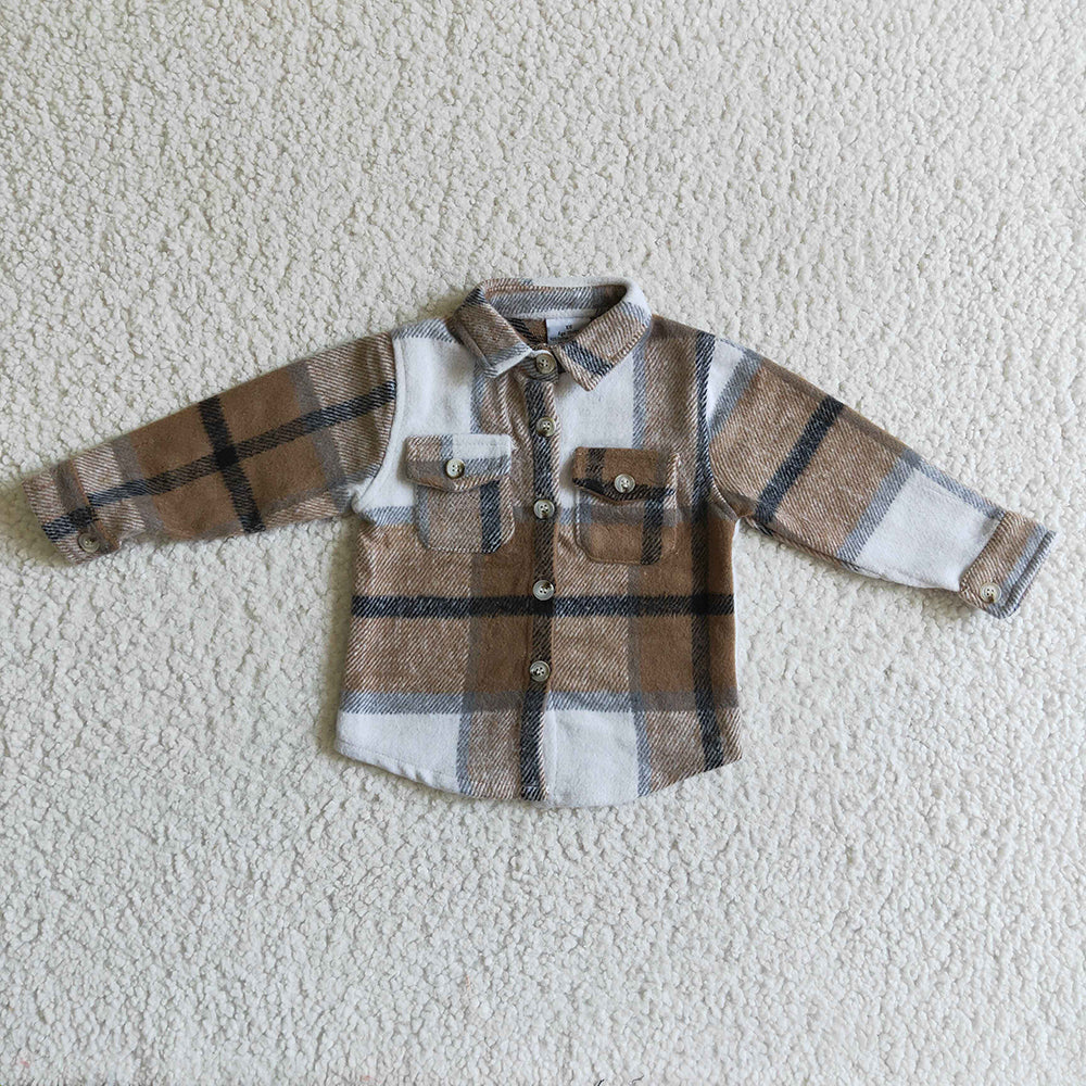 Baby kids brown plaid pocket shirts