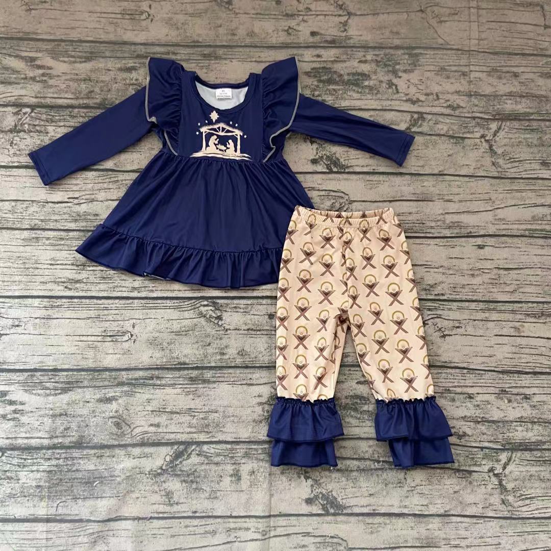 Girls Nativity Golden ruffle pants sets