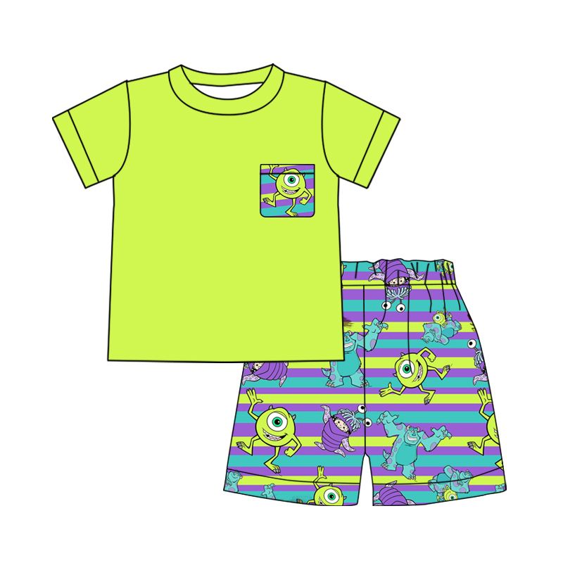Baby boy cartoon green pocket shorts sets