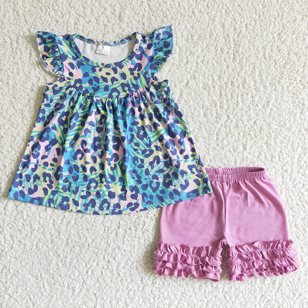 Baby girls purple leopard ruffle shorts sets