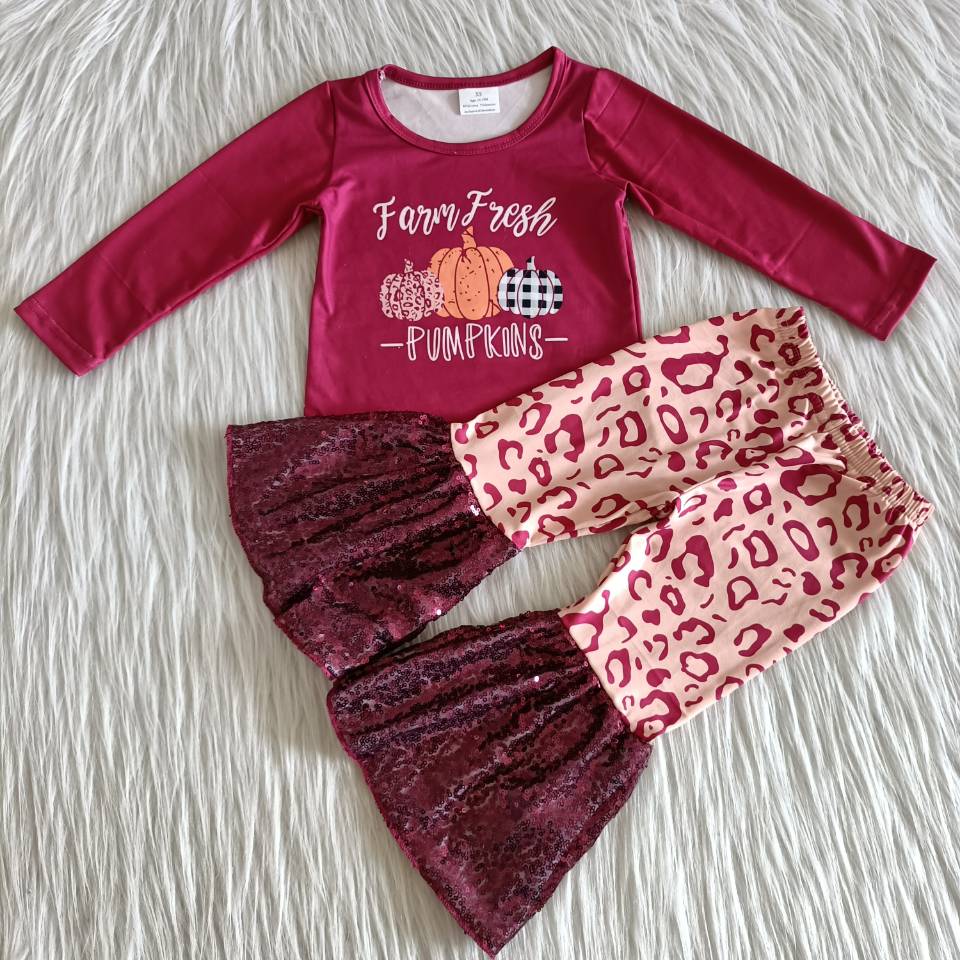 Baby girls farm fresh pumpkin leopard sequin pants sets