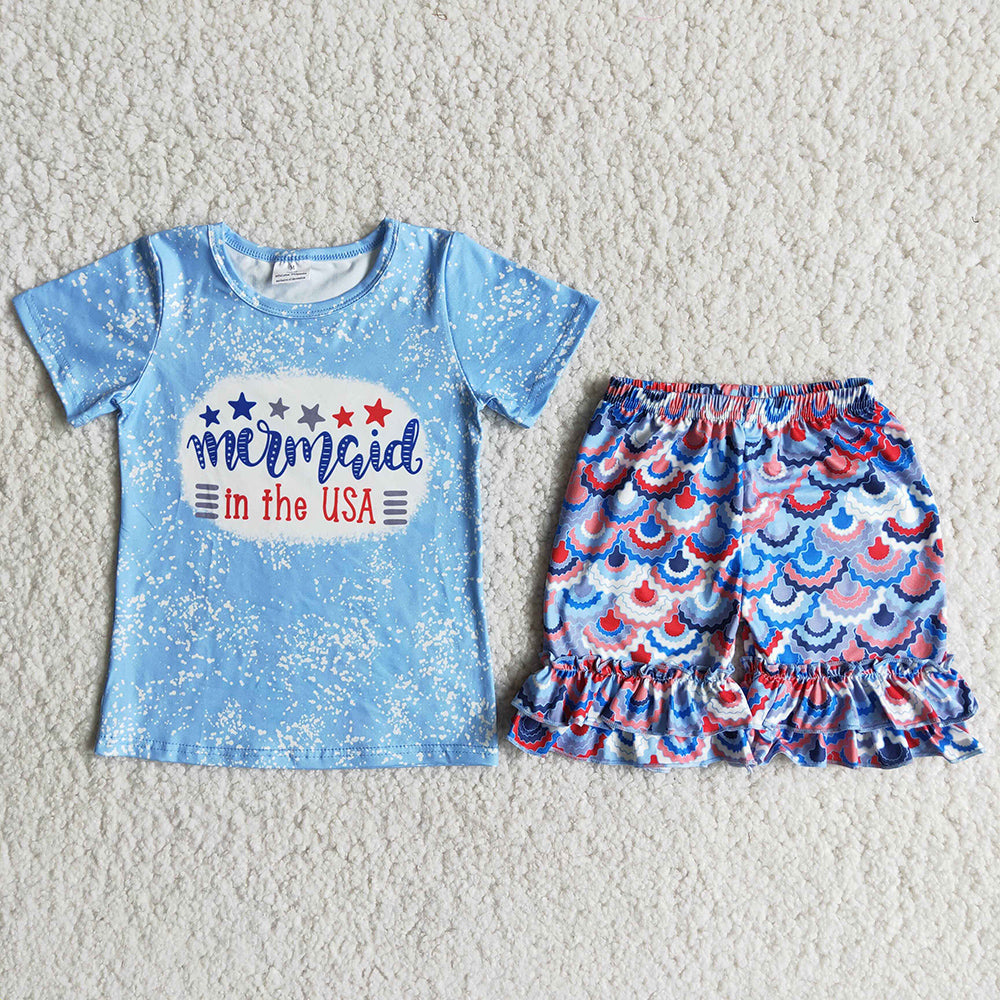 4th of July girls mermaid usa shorts sets